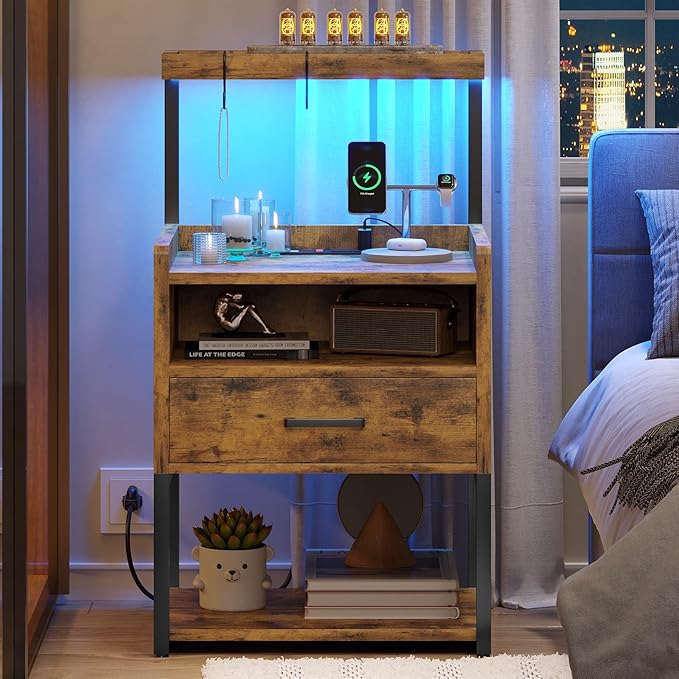 VIAGDO Nightstand with Charging Station and LED Lights, Rustic Brown Night Stand with Drawer, Modern End Side Table with Open Storage Shelves, Bedside Tables for Bedroom, Office