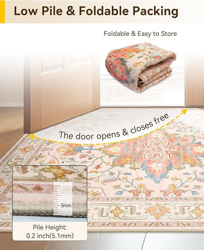 Area Rugs 2'x6' Washable Non-Slip, Floral Vintage Distress Print Pattern Medallion Carpet for Living Room Bedroom Dining Room, Light Pink Colorful