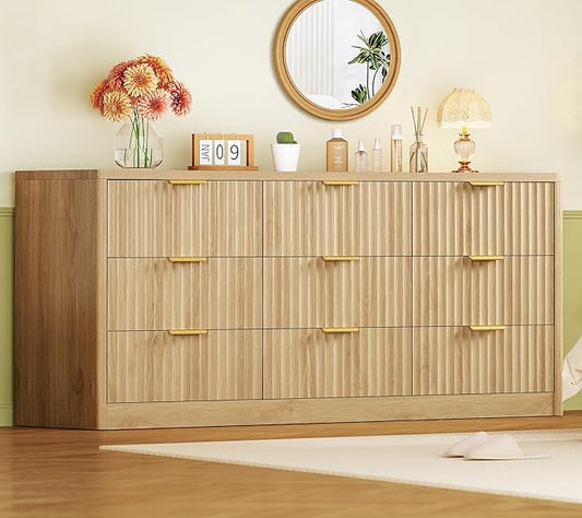 TEENFON Fluted Dresser for Bedroom with 9 Drawers, 63" Wide Modern Chest of Drawers with Metal Handle & Curved Profile Design, Wood Closet Clothes Storage Organizer for Living Room, Hallway, Natural
