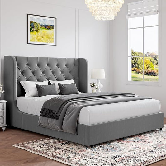 HOMBCK Full Size Bed Frame, Grey Upholstered Platform Bed Frame with Headboard, Velvet Tufted, Curved Wingback Design, Wooden Slats, No Box Spring, Noise Free, Easy Assembly