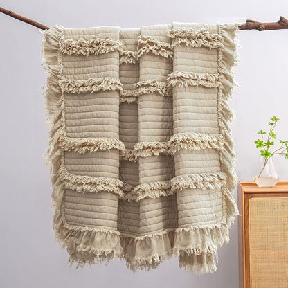 Ultra Soft Pre-Washed Quilted Boho Beige Queen Size Blankets for Bed, Ruffle Fringed Decorative Throw, Stone Washed Chic Rustic Blanket for Sofa Couch Bed, 90"*90"