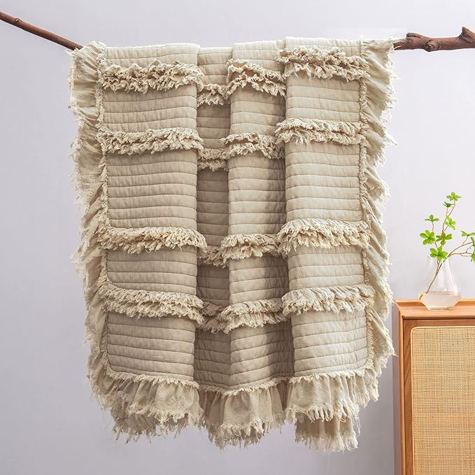 Ultra Soft Pre-Washed Quilted Boho Beige Twin Size Blankets for Bed, Ruffle Fringed Decorative Throw, Stone Washed Chic Rustic Blanket for Sofa Couch Bed, 60"*80"