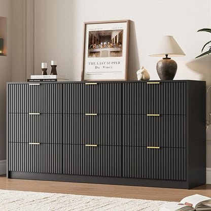 Black 9 Drawer Dresser for Bedroom, 63" Wide Modern Fluted Dresser with Gold Metal Handles, Chest of Drawers for Bedroom, Living Room, Entryway, Hallway