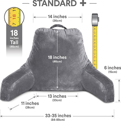 Husband Pillow Dark Grey, Standard+ Original Reading Pillow in Bed Rest Chair, Shredded Memory Foam Large Lounge Cushion Adult Backrest w/Arms, Comfy Back Support for Sit Sitting Up, Removable Cover