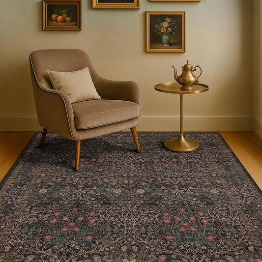 Washable Dark Taupe Brown 4x6 Area Rugs for Living Room, Bedroom Beside Rug, Kitchen, Mudroom, Non-Slip Low Pile Ultra Soft Stain Resistant, Small Vintage Green Botanical Floral Carpet