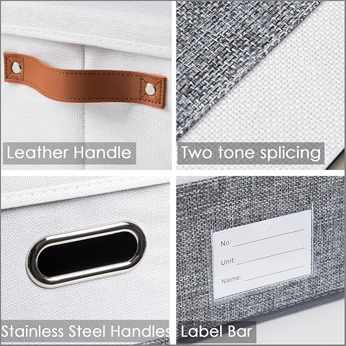 PRANDOM Storage Bins with Lids [3-Pack] Linen Fabric Foldable Storage Boxes Organizer Containers Baskets Cube with Cover Grey&White (23.4X15.9X11.4)