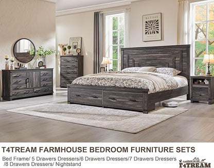 T4TREAM Farmhouse King Size Bed Frame with 54" Tall Geometric Headboard & 2 Large Storage Drawers, Rustic Wood Platform Bed with Wood Slats Support, No Box Spring Needed, Dark Rustic Oak