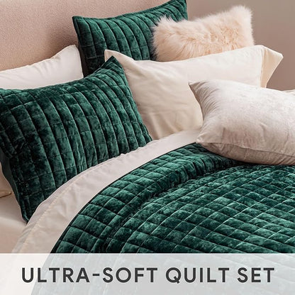 RECYCO Luxury Velvet Quilt Set Full Queen Size Bedding Sets, Ultra Soft Velvet Comforter Set, Lightweight Channel Box Stitch Oversized Bedspread Coverlet for All Season, with 2 Shams, Emerald Green