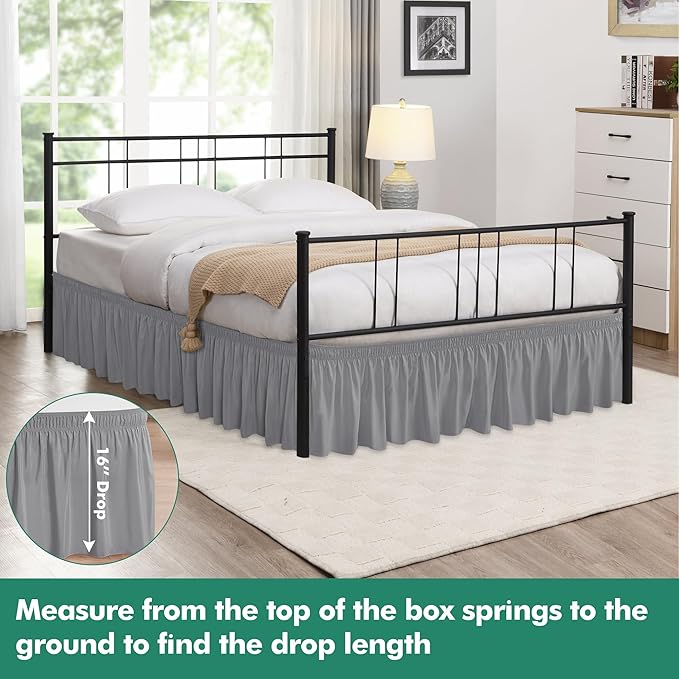 Biscaynebay Wrap Around Bed Skirts with Split Corners for Full Beds 16" Drop, Silver Grey Elastic Dust Ruffles Adjustable Easy Fit Wrinkle & Fade Resistant Silky Luxurious Fabric Machine Washable
