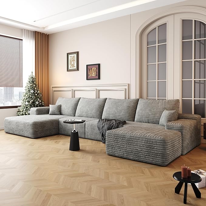 136" Sectional Couches for Living Room Modern Modular Sofa with L-Shape Couchs Upholstered Boneless Couch Deep Seat Sectional Couch with Chaise (Grey, Left Facing Chaise+3Seaters+Ottoman)