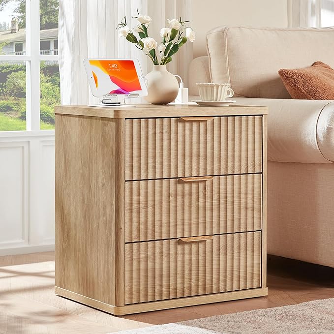 LEYAOYAO Fluted Dresser and 3 Drawers Nightstand Set of 2, Wood 48" Wide Dresser & 23" Night Stand with Charging Station, 3 Piece Bedroom Furniture Set, Chest of Drawers for Home,Living Room,Wood