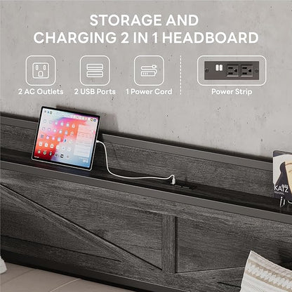 LIKIMIO Twin Daybed with Trundle Bed, Storage Headboard with Charging Station, Sofa Day Bed with Strong Supports for Living Room, Bedroom, and Guest Room, Charcoal Grey