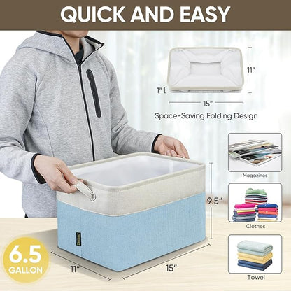 BALEINE 1 Pack Fabric Storage Bins for Shelves, Linen Storage Baskets for Organizing, Decorative Closet Bins for Clothes, Home (Skyblue, 15''x11''x9.5'')