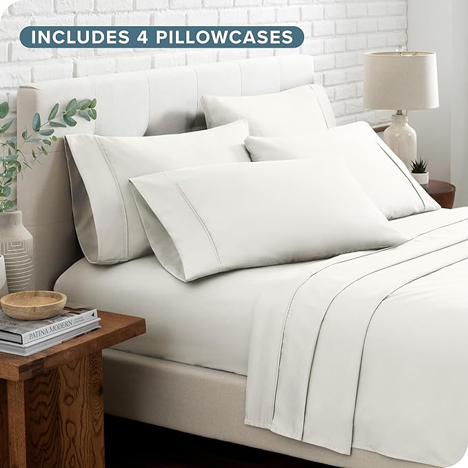 Bare Home Hotel Luxury Queen Sheet Set, Extra Soft - 6 Piece Set - Deep Pockets - Easy Fit - Cooling & Breathable - Wrinkle, Fade, Stain Resistant - Includes 4 Pillowcases (Queen, Cream)