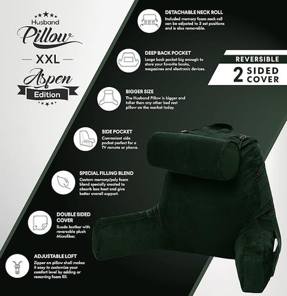 Husband Pillow XXL Aspen Edition, Adult Reading Sit Up Bed Rest Pillow for Bed with Arms & Neck Roll on Bungee Cord - Premium Memory Foam, Reversible 2 Sided Cover Micro Suede or Plush, Ramona Green