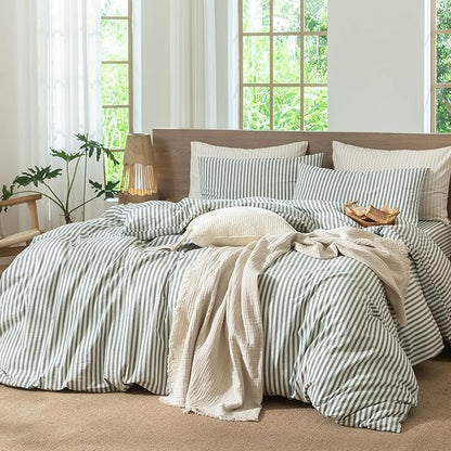 MooMee Striped Duvet Cover Set 100% Washed Cotton Linen Like Textured Breathable Durable Soft Comfy (Heathered Green Classic Stripes, Full 80"x90")