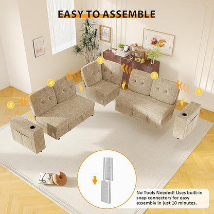 Modular Sectional Sleeper Sofa with Pull Out Bed, L Shaped 5 Seat Sectional Couches for Living Room, 84 Inch Sofa Bed with Adjustable Backrest | Hidden Storage | Wide Armrest | Khaki