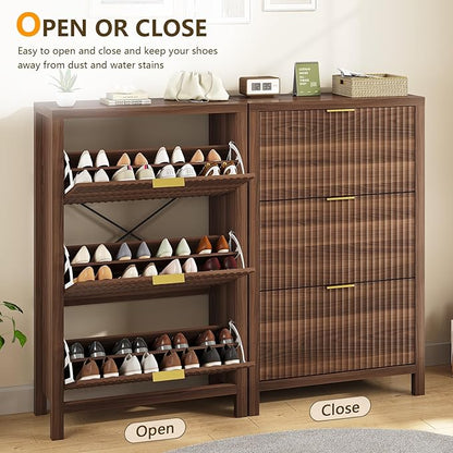 Shoe Cabinet Storage for Entryway, Fluted Shoe Cabinet with 3 Flip Drawers, Hidden Shoe Rack Tall Freestanding Shoe Organizer with Legs for Hallway, Walnut