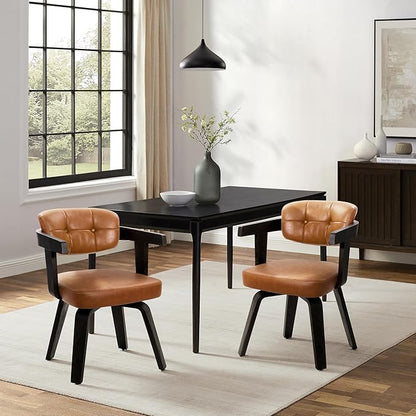 Art Leon Desk Chair No Wheels - Modern Faux Leather Office Chair Mid Century Swivel Desk Chair, Comfy Accent Armchair with Wooden Legs for Small Spaces Home Office Living Room Bedroom Study, Brown