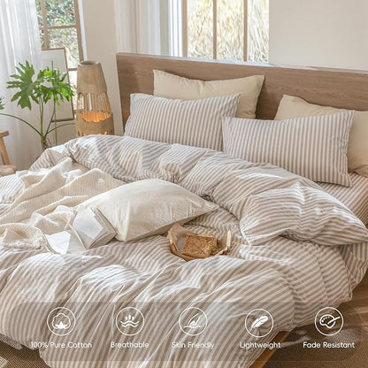 MooMee Striped Duvet Cover Set 100% Washed Cotton Linen Like Textured Breathable Durable Soft Comfy (Tannish Linen Grey White Classic Stripes, Twin 68"x90")