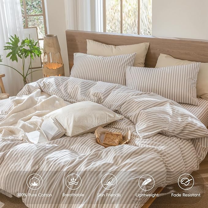 MooMee Striped Duvet Cover Set 100% Washed Cotton Linen Like Textured Breathable Durable Soft Comfy (Tannish Linen Grey White Classic Stripes, Alaska King 132"x120")