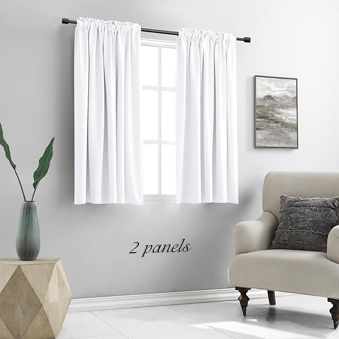 DONREN Pure White Kitchen Short Curtain Panels 45 inch Length, 50% Light Blocking Thermal Insulated Curtains for Dining Room Short Window (Set of 2, W 42 inches x L 45 inches)