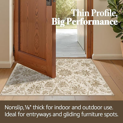 jinchan Torino Runner Rugs 2x5 - Vintage-Inspired Floral Neutral Design Machine Washable Non-Slip Ultra-Thin Low-Pile Rubber Backing Runner Rug for Kitchen Hallway Laundry Room Entryway Taupe