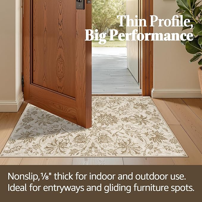 jinchan Torino Floral 5x7 Area Rugs, Vintage-Inspired Neutral Design Accent Rug, Machine Washable Ultra-Thin Low-Pile Non-Slip Traditional Carpet for Living Room Bedroom Dining Room Home Office, Taupe