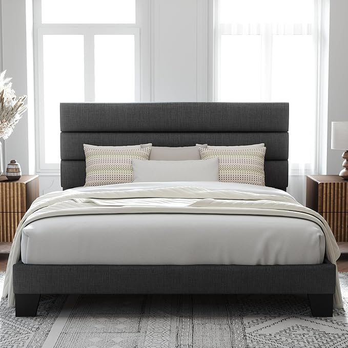 Allewie King Bed Frame Platform Bed with Fabric Upholstered Headboard and Wooden Slats Support, Fully Upholstered Mattress Foundation/No Box Spring Needed/Easy Assembly, Dark Grey