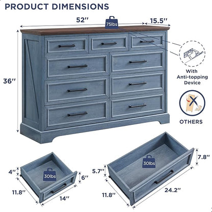 JXQTLINGMU 9 Drawers Dresser for Bedroom, Farmhouse 52'' Wide Dressers & Chests of Drawers w/Roman Column, Large Storage Dressers Organizer for Bedroom Hallway, Blue