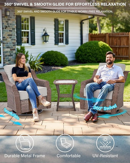 Belord Luxurious 7 Piece Patio Furniture Set with Fire Pit Table, High Back Wicker Swivel Rocker Glider Outdoor Chairs with 6" Cushion, All-Weather Patio Conversation Set for Yard Garden - Brown/Beige