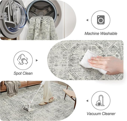 Washable Area Rug 8x10, Gray Soft Rug for Living Room Vintage 8x10 Area Rugs for Bedroom Dining Room Floral Non-Slip Thin Grey Rug