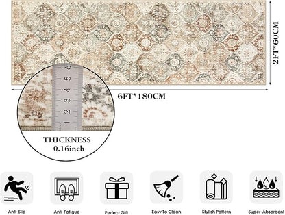 Lahome Moroccan Trellis Hallway Runner Rug, 2x6 Kitchen Runner Rugs Non Skid Washable, Vintage Laundry Room Rug Ultra-Thin Long Carpet for Bathroom Bedroom Entryway, Khaki