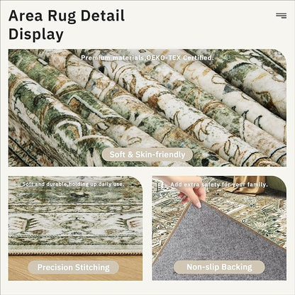Washable Area Rug 8x10, Large Soft Rugs for Living Room Farmhouse Vintage Area Rugs for Bedroom Dining Room Non-Slip Stain Resistant Under Table Rug Olive Beige
