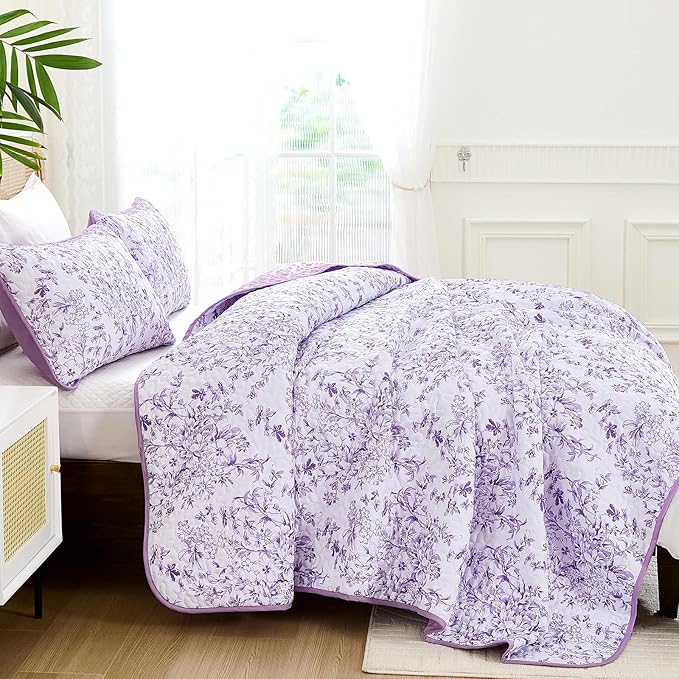 WONGS BEDDING Quilt King Size, Purple Quilt Bedding Set with 2 Pillowcases, Botanical Quilt for King Bed, Soft Microfiber Lightweight Coverlet Bedspread for All Season (110"×90", 3 Pieces)