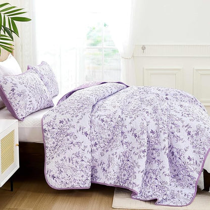 WONGS BEDDING Quilt King Size, Purple Quilt Bedding Set with 2 Pillowcases, Botanical Quilt for King Bed, Soft Microfiber Lightweight Coverlet Bedspread for All Season (110"×90", 3 Pieces)