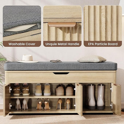 Shoe Bench with Storage - Lift Top Entryway Bench with Hidden Storage, Shoe Rack with Adjustable Shelves and Cushioned Seat, Wooden End of Bed Bench for Bedroom, Living Room and Hallway,Nature