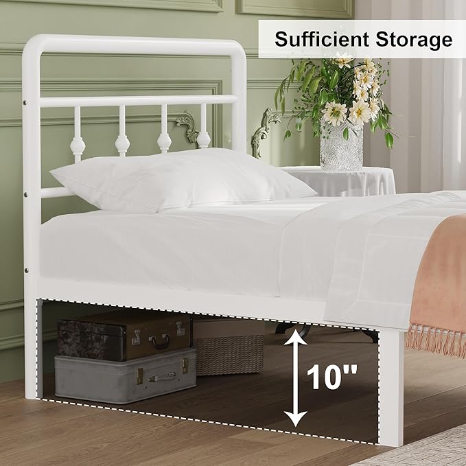12 Inch Twin Bed Frames with Headboard and Footboard, Heavy Duty Twin Metal Mattress Foundation No Box Spring Needed, Noise Free, Easy Assembly, White