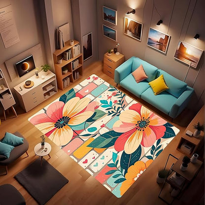 Machine Washable 3' x 5' Bohemian-Style Area Rug, Pink Floor mat, Suitable for bedrooms, Girls' Room Bedside, Living Room, Dining Room, Office, Non-Slip Low-Pile Printed Modern Floral Carpet