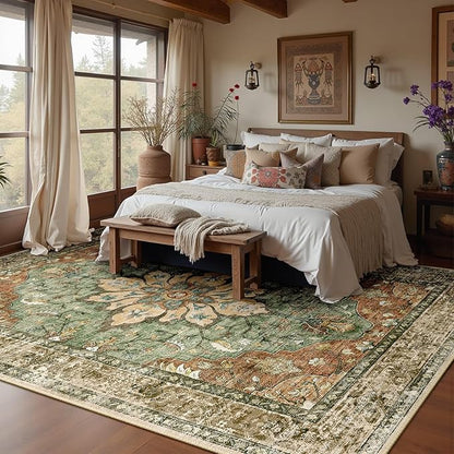 Area Rugs 10'x12' Washable Non-Slip, Floral Vintage Distress Print Pattern Medallion Carpet for Living Room Bedroom Dining Room, Brick Red Rust Neutral Brown Burnt Orange Green