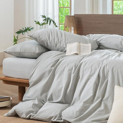 MooMee Striped Duvet Cover Set 100% Washed Cotton Linen Like Textured Breathable Durable Soft Comfy (Heathered Green Pinstripes, Oversized King Plus 128"x120")