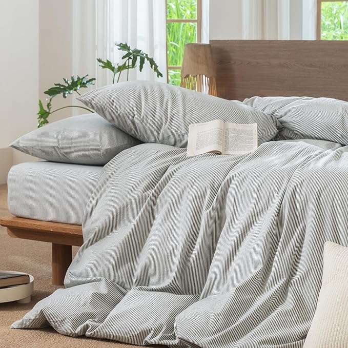 MooMee Striped Duvet Cover Set 100% Washed Cotton Linen Like Textured Breathable Durable Soft Comfy (Heathered Green Pinstripes, Oversized Queen 98"x98")