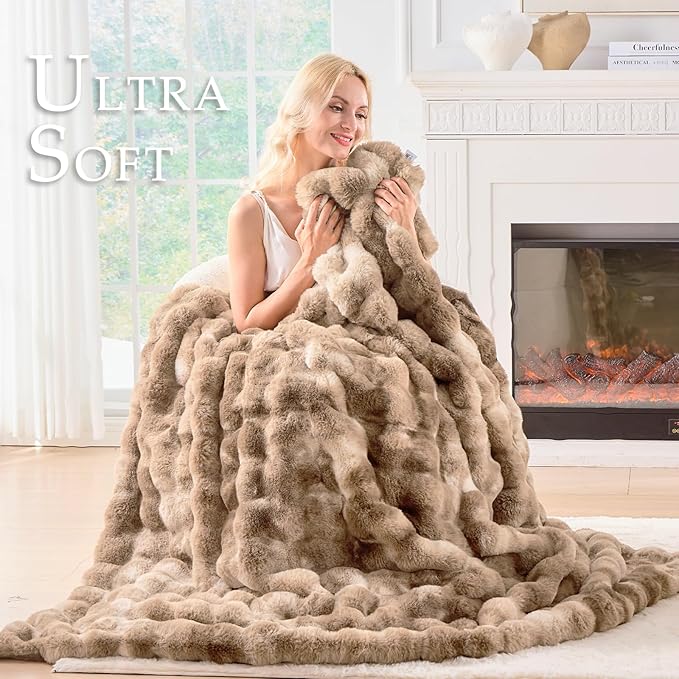 BENVWE Fluffy Faux Fur Throw Blanket for Couch - Soft, Plush, Thick, Cozy, Fuzzy Luxury Minky Bubble Blanket for Home Living Room Decor, Gifts for Women, Tie-dye Brown, 63" x 80", 1100GSM