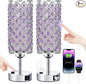 Hong-in Crystal Lamps Set of 2, 3 Way Dimmable Touch Lamp with Crystal Shade, Bedside Nightstand Lamps for Living Room Bedroom Home Office(Purple)