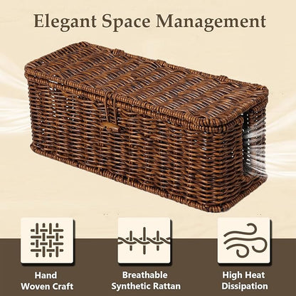 BROWNLILY Cable Management Box, Rattan Style Cord Organizer for Desk Cord Hider Outlet Covers Baby Proofing for Power Strip TV PC Router Charger Under Desk Storage with Lockable Lid and Cable Ties