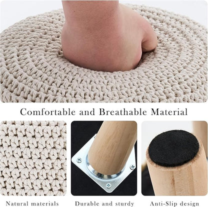 LGENHOOM Cotton Knitted Ottoman Round Footstool Vanity Stool Modern Stool Ottoman Footrest Stool with Non-Skid Wood Legs for Living Room Bedroom White