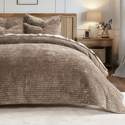 EVERGRACE Velvet Quilt Set California King 118'' x 106'', Luxurious Soft Striped Channel Bedding Set, Lightweight Velvet Comforter for All Season, Oversized Bedspread Coverlet w/ 2 Shams, Mocha Brown