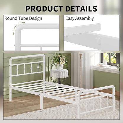 12 Inch Twin XL Bed Frames with Headboard and Footboard, Heavy Duty XL Twin Metal Mattress Foundation No Box Spring Needed, Noise Free, Easy Assembly, White