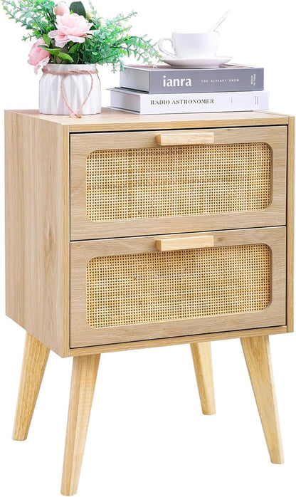 Rattan Nightstand,Boho Bedside with Storage,End Table,Side Table with 2 Hand Made Rattan Decorated Drawers for Small Space,Livingroom,Bedroom,Natural 11.8" D x 16" W x 22.4" H CTG59Y