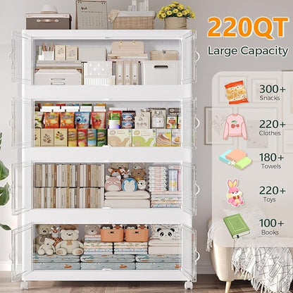220Gal Stackable Storage Bins with Lid, 880Qt Extra Large Collapsible Storage Box with Doors and Wheels, Plastic Closet Organizer and Storage Cabinet Drawer For Home Kitchen, 4Pack White